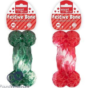 Smart Choice Christmas Squeaky Sparkle Festive Rubber Bone Dog Toy Assorted Colours