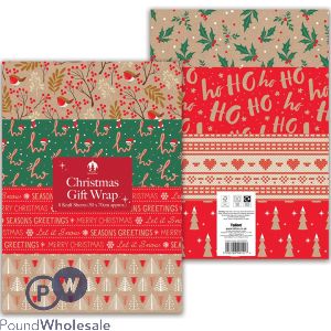 Festive Wonderland Assorted Kraft Paper Christmas Gift Wrap Sheets 50cm X 70cm 8 Pack Cdu