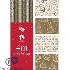 Festive Wonderland Christmas Gold & Cream Contemporary Gift Wrap 4m Cdu Assorted