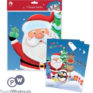 Festive Wonderland Christmas Plush Pvc Santa Sacks 3 Pack