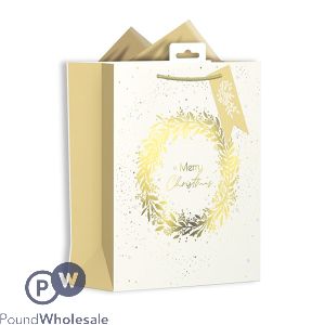Giftmaker Christmas Gold &amp; Cream Wreath Gift Bag Medium