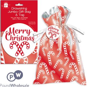 Giftmaker Christmas Candy Cane Drawstring Jumbo Gift Bag & Tag 46cm X 70cm