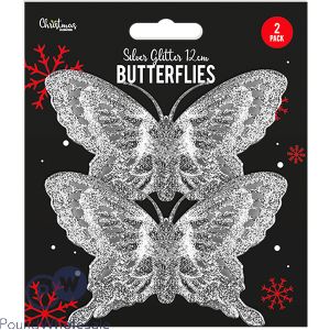 Christmas Silver Glitter Butterfly Decorations 2 Pack
