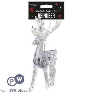 Christmas Silver Glitter Acrylic Reindeer Decoration 14.5cm