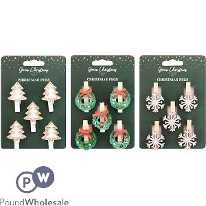 Christmas Wood Present Topper Pegs 5 Pack Assorted