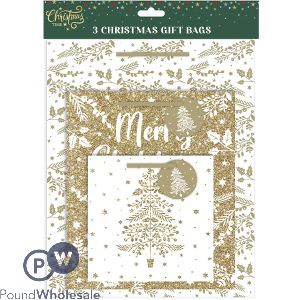Christmas Assorted Gold Glitter Gift Bags 3 Pack