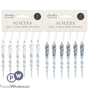Christmas Silver & White Acrylic Glitter Icicles 13cm X 1cm 6 Pack Assorted Colours