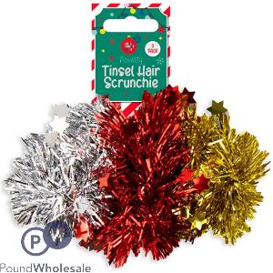 Jolly Christmas Novelty Tinsel Hair Scrunchie 3 Pack