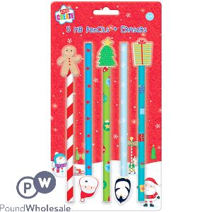Kids Create Christmas Hb Pencils With Erasers 5 Pack Assorted