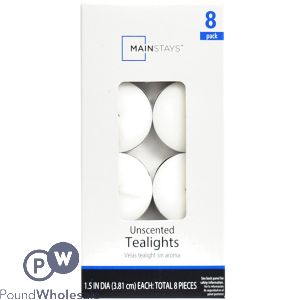 MAINSTAYS WHITE UNSCENTED TEALIGHTS 1.5&quot; 8 PACK