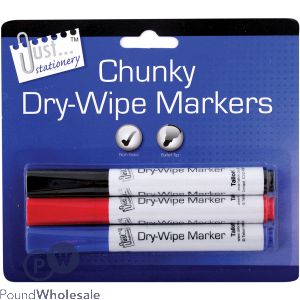 JUST STATIONERY CHUNKY DRY-WIPE BOARD MARKERS ASSORTED COLOURS 3 PACK