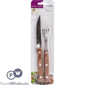 PRIMA 2PC STEAK KNIFE &amp; FORK WITH WOODEN HANDLE