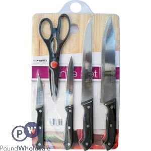 Prima 5pc Knife Set With Wooden Chopping Board