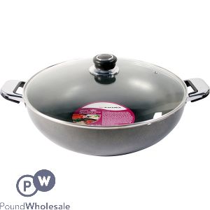 PRIMA NON-STICK DOUBLE HANDLE WOK WITH GLASS LID 32CM