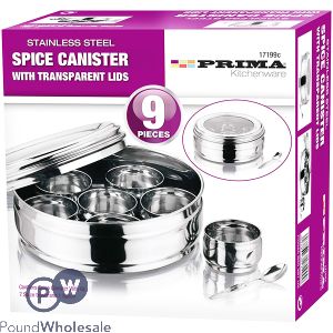 PRIMA STAINLESS STEEL TRANSPARENT LID SPICE CANISTER SET 9PC