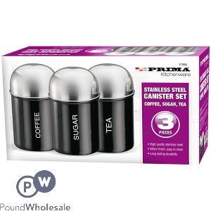 PRIMA STAINLESS STEEL BLACK COFFEE, SUGAR &amp; TEA DOME CANISTER SET 3PC