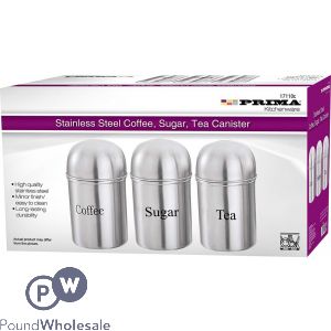 PRIMA STAINLESS STEEL TEA, COFFEE &amp; SUGAR 3PC CANISTER SET