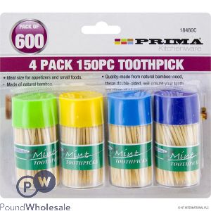 PRIMA DOUBLE SIDED BAMBOO TOOTHPICK CANISTERS ASSORTED 150PC 4 PACK