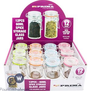 PRIMA 60ML SPICE STORAGE GLASS JARS ASSORTED 12PC CDU