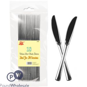 DELUXE SILVER PLASTIC KNIVES 18PC