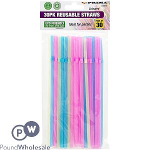 PRIMA ASSORTED COLOUR NEON REUSABLE FLEXIBLE STRAWS 30 PACK