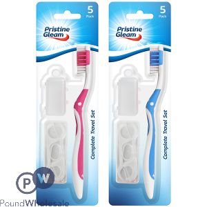 PRISTINE GLEAM COMPLETE TOOTHBRUSH TRAVEL SET 5 PACK ASSORTED COLOURS