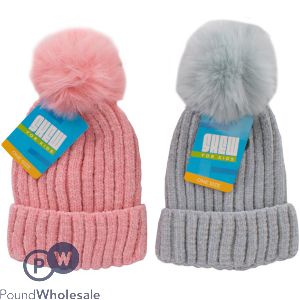 Girls Chenille Faux Fur Pom Pom Winter Hat Assorted Colours