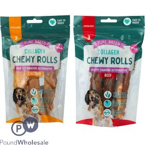 Pure Breed Collagen Chewy Rolls Dog Treats 3 Pack Assorted