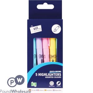 Just Stationery Assorted Pastel Chisel Tip Highlighter Pens 5 Pack