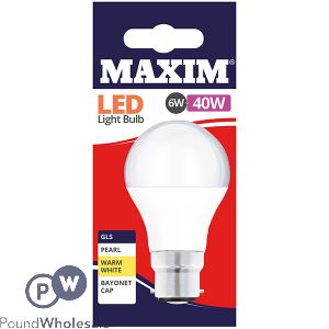 Maxim LED Light Bulb 6W=40W Gls Pearl Warm White Bayonet Cap