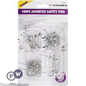 PRIMA ASSORTED CHROME SAFETY PINS 100PC