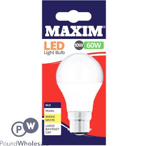 Maxim Led Light Bulb 10w=60w Gls Pearl Warm White Bayonet Cap