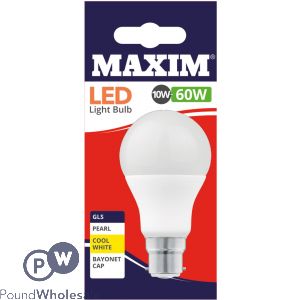 Maxim Led Light Bulb 10w=60w Gls Pearl Cool White Bayonet Cap