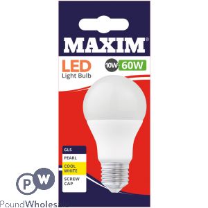 MAXIM LED LIGHT BULB 10W=60W GLS PEARL COOL WHITE EDISON SCREW