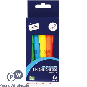 Just Stationery Assorted Bright Chisel Tip Highlighter Pens 5 Pack