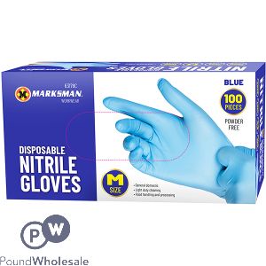 MARKSMAN DISPOSABLE BLUE NITRILE GLOVES MEDIUM 100PC