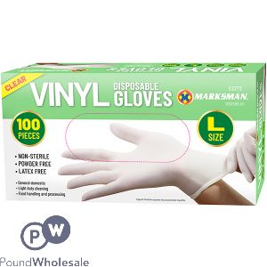 MARKSMAN CLEAR VINYL DISPOSABLE GLOVES LARGE 100PC