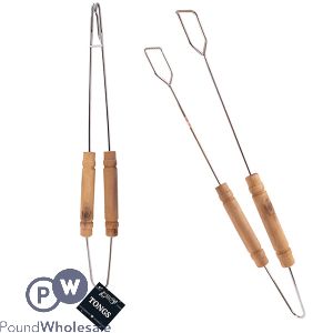 Wooden Handle Chrome Barbecue Tongs 42.5cm