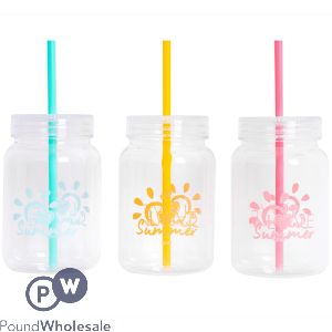 Bello Plastic Drinking Jar With Straw 450ml Assorted