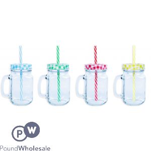 MASON JAR WITH LID &amp; STRAW 450ML 4 ASSORTED COLOURS