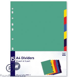 A4 10 PART &amp; 5 PART DIVIDERS ASSORTED COLOURS 15 PACK