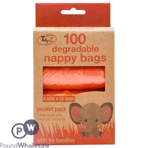 TIDYZ DEGRADABLE NAPPY BAGS WITH TIE HANDLES 100 PACK