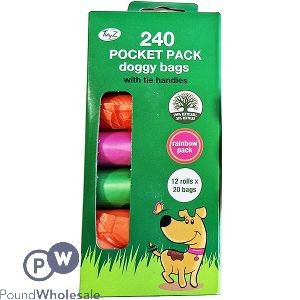 TIDYZ POCKET RAINBOW ASSORTED COLOUR TIE HANDLE DOGGY BAGS 240 PACK