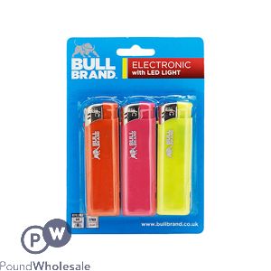 Bull Brand Assorted Colour Led Light Electronic Lighter 3 Pack