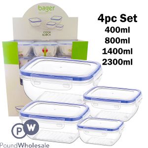 Bager Click & Lock Rectangular Food Storage Container Set 4pc