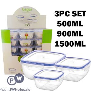BAGER CLICK &amp; LOCK SQUARE FOOD STORAGE CONTAINER 3PC CDU