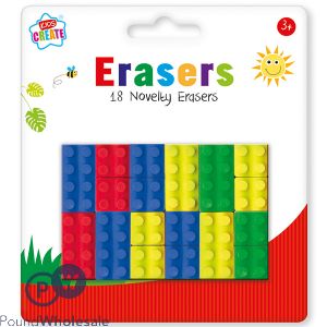 KIDS CREATE BRICK SHAPE ERASERS ASSORTED COLOURS 18 PACK