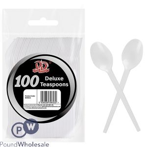 DELUXE DISPOSABLE WHITE PLASTIC TEASPOONS 100 PACK