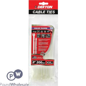 DEKTON 100 PIECE 4.8MM X 200MM WHITE CABLE TIES