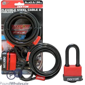 DEKTON 8MM X 2.5M FLEXIBLE STEEL CABLE &amp; 50MM PADLOCK